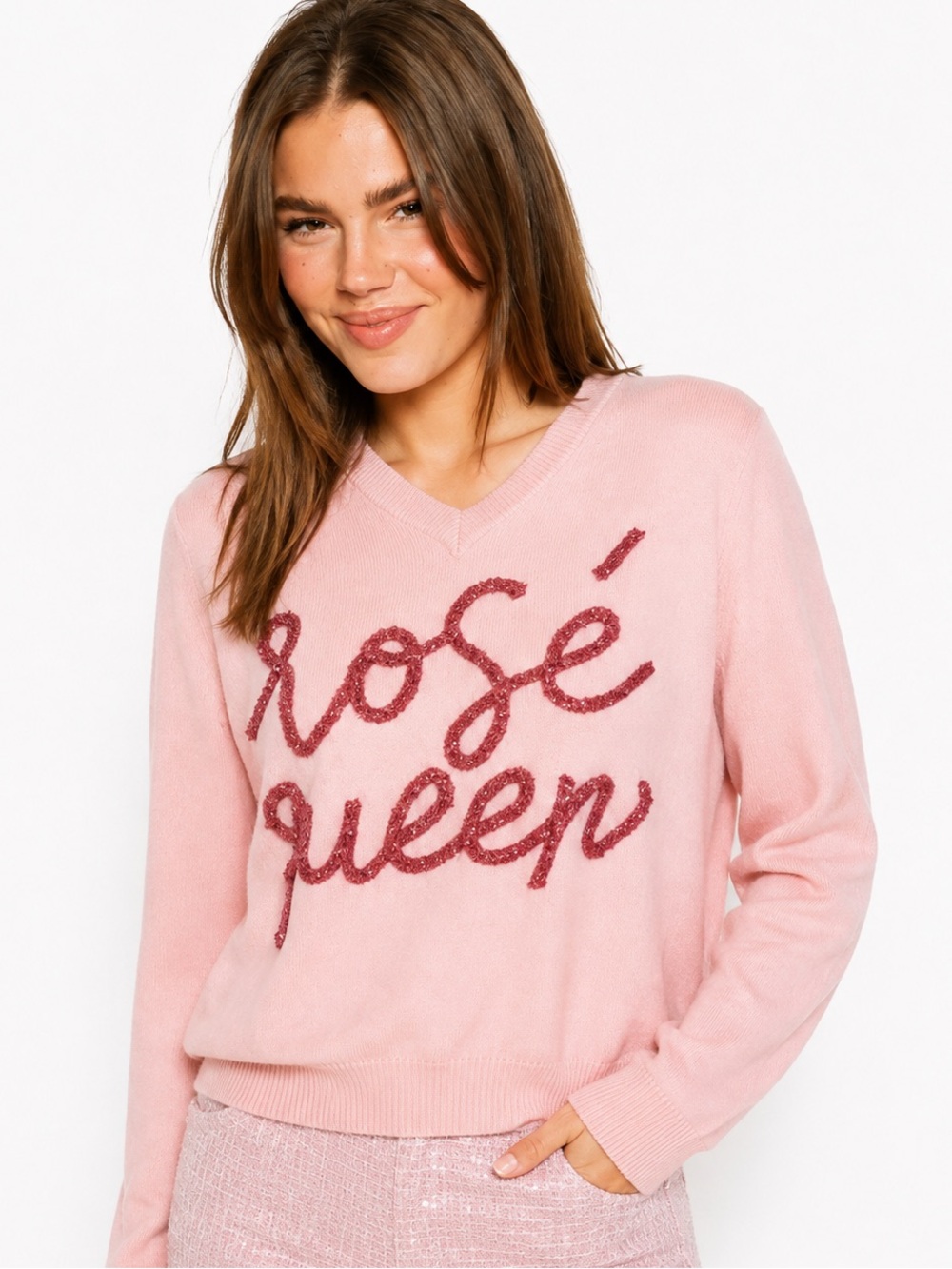Queen of Sparkle‎ Rosé Queen Pink V Neck Sweater Wine Glass Elbow Patch Small